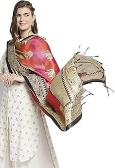 DUPATTA BAZAARWomen's Pink Ethnic Elephant Printed Silk Dupatta, Pink, Medium