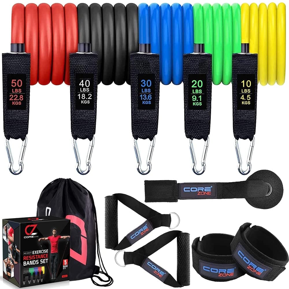 COREZONE Resistance Bands with Handles, Premium Exercise Bands for Workout, Door Anchor, Ankle Straps Fitness Pull Up Bands for Training, Yoga, Physical Therapy, Home/ Outdoor/ Office,11 Set