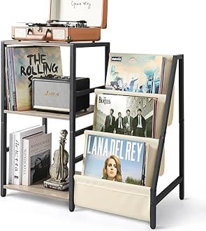 Bikoney Record Player Stand with 3-Tier Vinyl Record Storage, Up to 200 Albums, End Table for Living Room, White