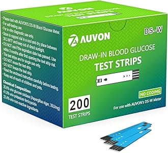 AUVON DS-W Draw-in Blood Glucose Test Strips for use with AUVON DS-W Diabetes Sugar Testing Meter (No Coding Required, 200 Count)