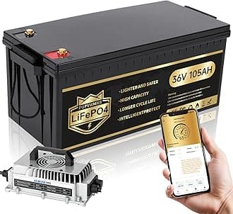 36V 105Ah LiFePO4 Golf Cart Battery, Built-in Smart 200A BMS, Mobile APP, 5000+ Cycles Rechargeable Lithium Battery, Includes 43.8V 25A Charger, Perfect for Golf Cart,Trolling Motor