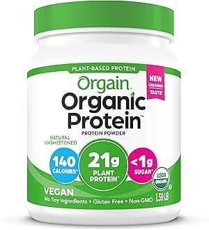 Orgain Organic Vegan Protein Powder, Natural Unsweetened - 21g of Plant Protein, 4g Prebiotic Fiber, Low Net Carbs, No Lactose Ingredients, No Added Sugar, Non-GMO, For Shakes & Smoothies, 1.59 lb