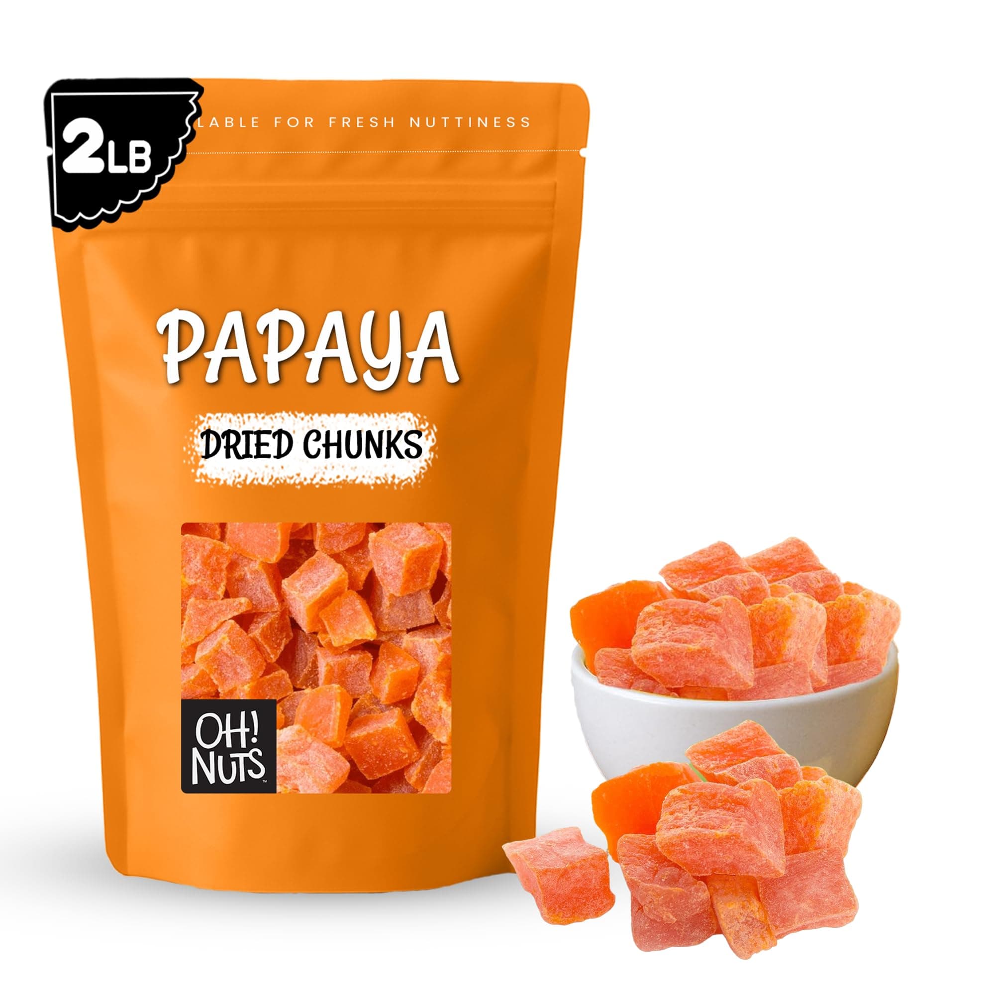 Oh! Nuts Dried Papaya Chunks - 2 lb - Dried Fruit Chunks - Less Sugar Added - Dehydrated Fruit Bites - Packed in New York Zip-Seal Bag for Exceptional Freshness