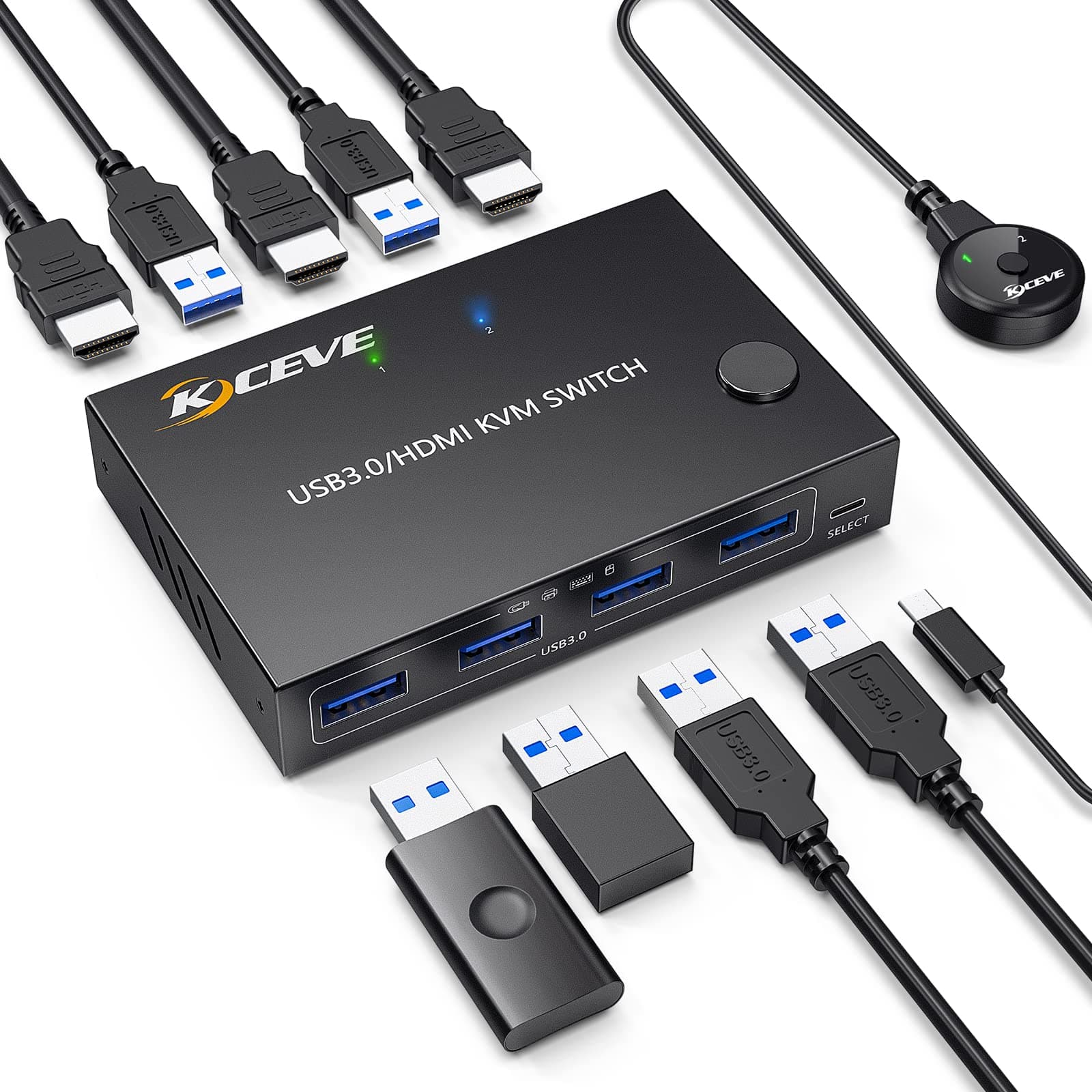 KVM HDMI Switch 2 Ports, USB 3.0 KVM Switcher Box, Support 4K@60Hz Resolution for 2 Computers Share Mouse Keyboard and Monitor