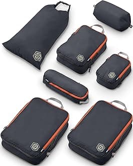 Large Packing Cubes for Travel-Extra Large Compression Packing Cube Luggage Organizers 7 Piece Set-Ultralight, Expandable/Compression Bags for Clothes by TRIPPED Travel Gear (Grey/Orange)