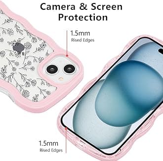 QLTYPRI Compatible with iPhone 15 Case, Cute Curly Wave Frame Clear Case for Girls Women, Flower Clear TPU Bumper Slim Soft Silicone Shockproof Protective Phone Cover for iPhone 15 - Black Floral/Pink