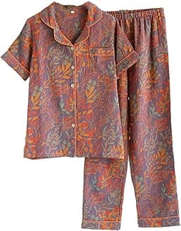 Vintage Leaf Cotton Lapel Loungewear Set,Colorful Floral Long Sleeve Trousers Cardigan,Women's Pajama Two Piece Set (M, C Grey)