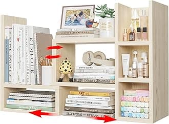 Desk Shelves Desktop Organizer Shlef - Natural Wood Tone Office Organization for Top of Desk Organizers and Accessories Corner Bookshelf Table Top Shelving Small Hutch Decorations for Office