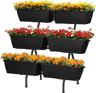 HEOMU 3 Tier Vertical Garden Planter with 6 Boxes, Vertical Raised Garden Bed with Adjustable Feet Pads, Raised Planter for Herb Flower Vegetable Plants in Patio Balcony Deck Indoor Outdoor, Black