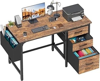 Computer Desk with File Drawers Cabinet, 47 Inch Reversible Home Office Desks with Fabric Filing Cabinet for Small Space, Study Writing Table PC Desks, Rustic Brown