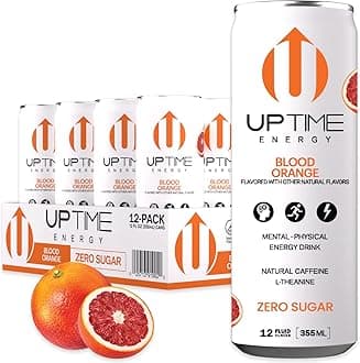 UPTIME Energy Drink, Blood Orange Sparkling, 12 Pack, Vitamin C, L Theanine, Calcium, Sugar Free Energy Drinks for Focus Support, 142mg of Natural Caffeine, 0 Calories, Clean, Natural, 12 fl oz Cans