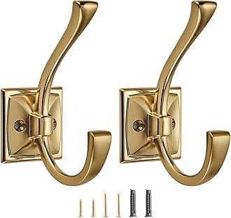 2 Pack Decorative Heavy Duty Towel Hooks for Hanging Robe Double Champagne Bronze Coat Hooks Wall Mounted with Screws for Key, Towel, Bags, Cup, Hat