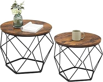 VASAGLE Small Coffee Table Set of 2, Round Coffee Table with Steel Frame, Side End Table for Living Room, Bedroom, Office, Rustic Brown and Ink Black | Living Room, Bedroom, Office