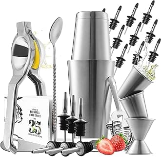 EATEXBar Set Cocktail Shaker Set - Stainless Steel Bartender Kit, 28 Piece Cocktail Kit, Complete Cocktail Set, Bar Tools: Martini Shaker, Muddler, Cocktail Book, Jigger, Liquor Pourers - Silver