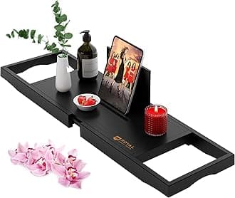 Royal Craft Wood Luxury Bathtub Caddy Tray, One or Two Person Bath and Bed Tray, Bonus Free Soap Holder (Black Bamboo Color)