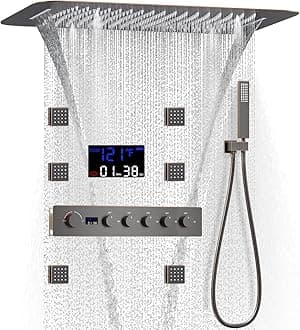 AYIVG Thermostatic Shower System Multi Functions Full Body Shower System with 6pcs Body Jets Spray Temperature Display Ceiling Mounted Waterfall Rain Shower Head System Oil Rubbed Bronze