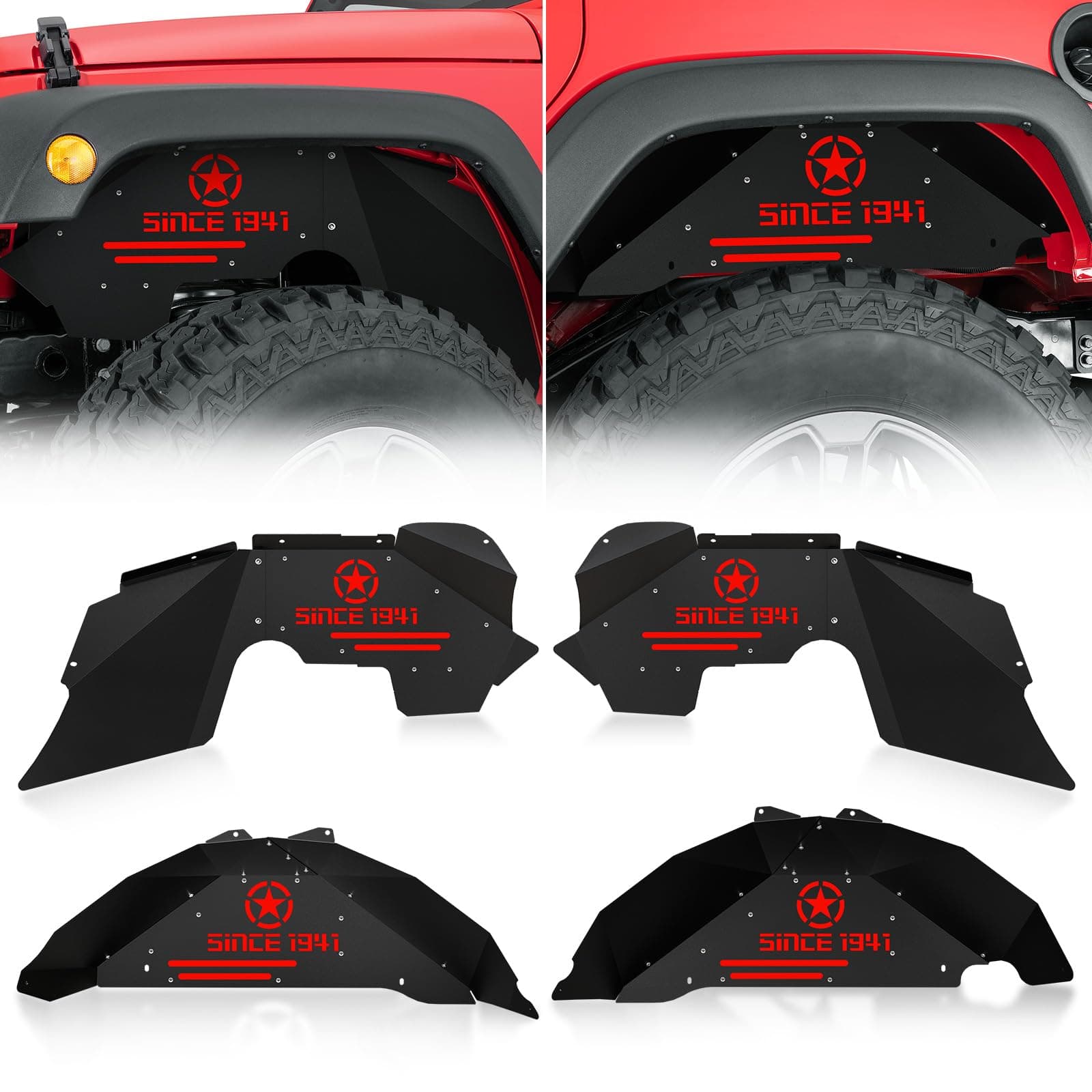 Front & Rear Inner Fender Liners Compatible with 2007-2018 Jeep Wrangler JK & JKU Unlimited (2/4 Doors), Steel Wheel Well Cover Bolt-on Mud Guards Fenders Flares, Black