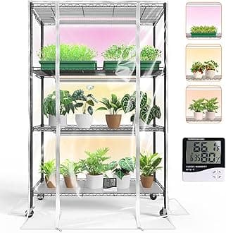 Indoor Greenhouse with Grow Light, Plant Stand with 3 Pack Full Spectrum Plant Lights , 3 Color Modes, Plant Shelf with Tent for Indoor Plant, Seed Starting, Seed Tray, 23.5"x13.8"x59"