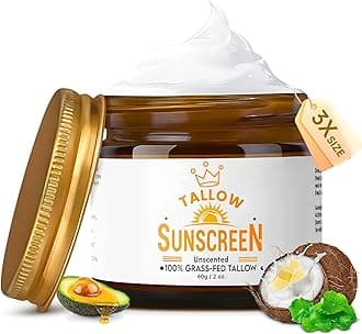 Tallow Sunscreen SPF 50 | Non-Toxic Natural Mineral Sunscreen | Safest Organic Grass-Fed Beef Tallow & Non Nano Zinc Oxide Sunblock | Reef Safe, Clean Non-Greasy Formula for Face & Body | Women & Men