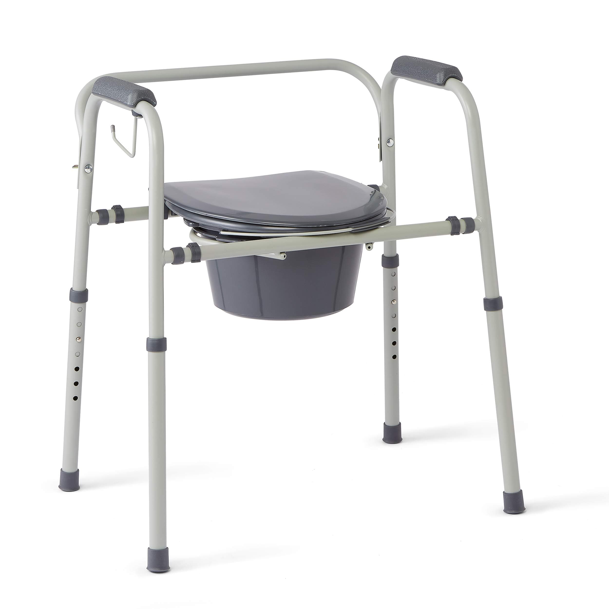 Medline 3-in-1 Steel Adjustable Bedside Commode w/Microban Protection, Portable Bedside Toilet, 350 lb. Weight Capacity, Removable 7.5 QT. Bucket, Toilet Chair For Elderly, Tool-Free Assembly, Gray