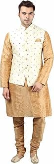 Ethluxis® Men's Silk Blend Kurta Churidar Pyjama with Ethnic Bundi Jacket Set