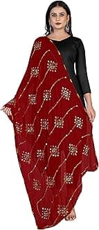 KEMZA Women's Embroidered Mirror Work Chiffon Dupatta