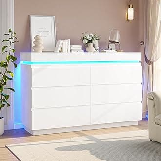 DICTAC Modern 6 Drawers White Dresser with Sliding Desktop, Wide Chest of Drawers with Charging Station & LED Lights, Large Storage Tower Clothes Organizer, White Dresser for Bedroom