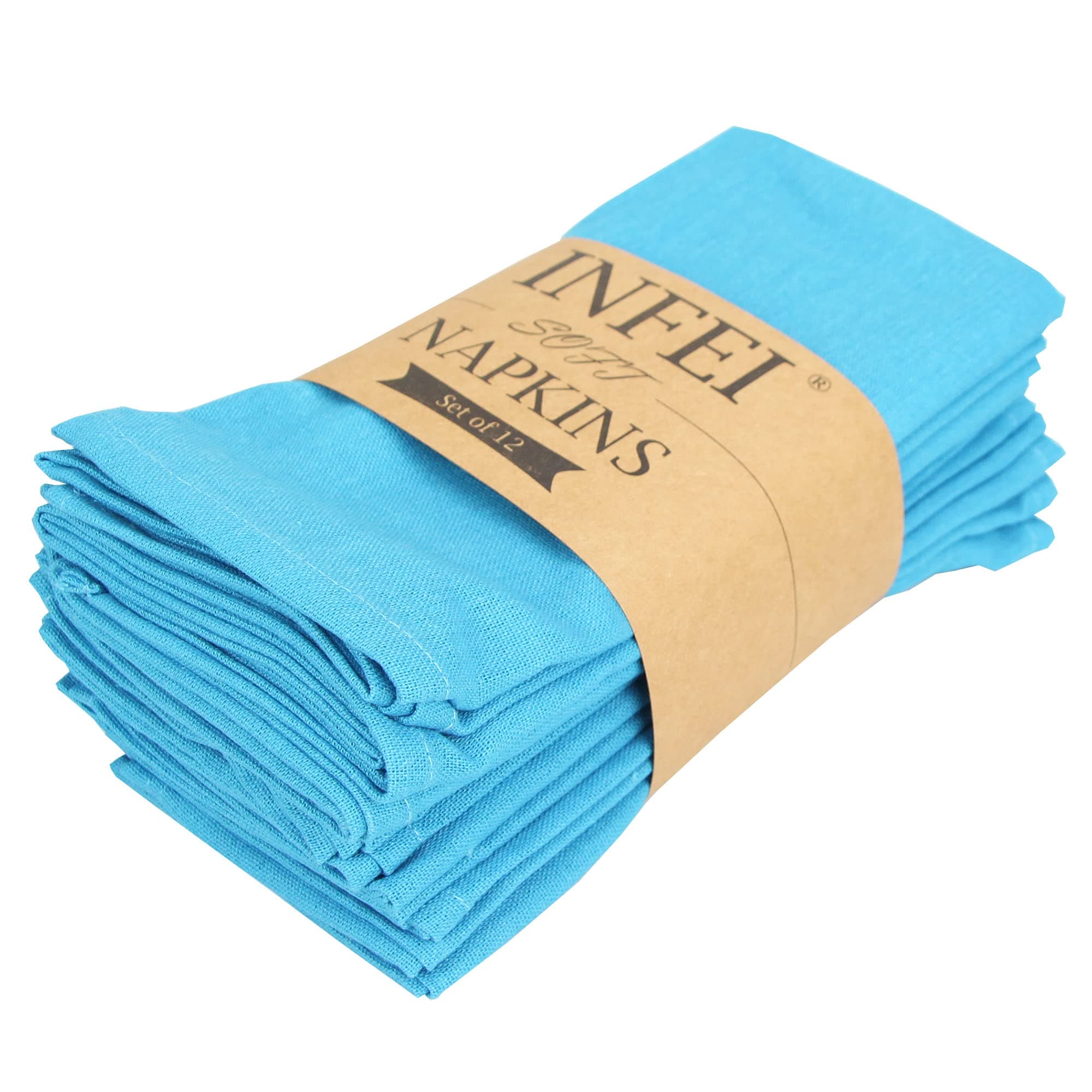 Solid Color Cotton Linen Blended Thin Dinner Cloth Napkins - Set of 12 (40 x 40 cm) - for Events & Home Use (Blue)