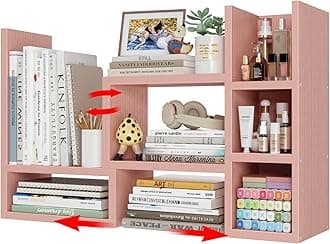 Desk Shelves Desktop Organizer Shlef - Pink Office Organization for Top of Desk Organizers and Accessories Corner Bookshelf Table Top Shelving Small Hutch Decorations for Office