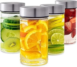 Juice Bottles - 4 Pack Wide Mouth Glass Bottles with Lids - for Juicing, Smoothies, Infused Water, Beverage Storage - 10oz, BPA Free, Stainless Steel Lids, Leakproof, Reusable, Borosilicate