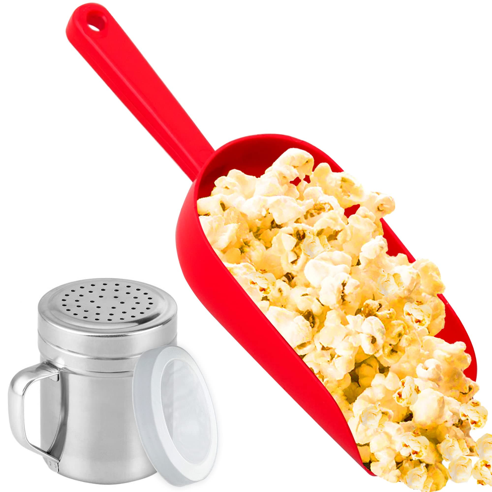 Red Popcorn Plastic Scoop with Popcorn Salt Shaker (Handle, Plastic Cap) - Popcorn Concession Supplies Bundle