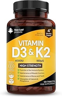 New Leaf Products Vitamin D3 K2, 4000Iu + K2 100Mcg, 4 Months Supply, Supports Immunity, Calcium Absorption And Bone Health, Non-Gmo, Uk Made By 120 Vegetarian Tablets,