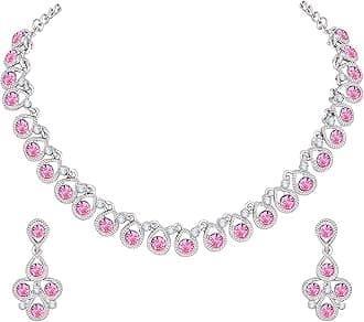 Atasi International Diamond/Stones Silver Plated Alloy Necklace Set with Earrings for Women | Stylish Jewellery for Party, Wedding and Festive Occasions | Fashion Accessories