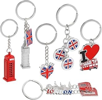 London Keychains - 6-Pack Souvenir Key Rings, 6 Assorted Designs Including Double-Decker Bus, Red Telephone Booth, Big Ben, and UK Flag, Silver, Red and Blue