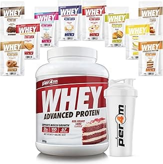 Per4m Whey Protein Shake Powder, Shaker and Sachets | Low Sugar Gluten Free | with 10 Mixed Flavour Sachets & Shaker (2010g, Red Velvet Cake)