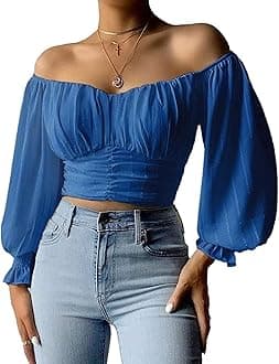 MIRACMODA Womens Elegant Off The Shoulder Puff Sleeve Blouse Summer Chiffon Slim Fit Party Crop Top
