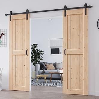 EaseLife 42in x 84in (Double 21in×84in Door) Barn Door with 7FT Sliding Door Hardware & Handle Included,DIY Assemblely,Easy Install,Apply to Interior Rooms & Storage Closet,H-Frame,Natural