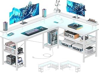 ODK66" L Shaped Gaming Desk with Power Outlet and LED Lights, PC Gaming Table with USB Ports, Reversible L Shape Desk with Storage Shelves & Monitor Stand, Home Office Desk, Pure White