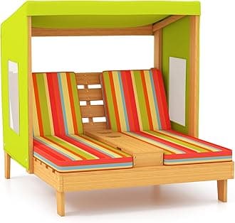 HONEY JOY Kids Chaise Lounge Chair Outdoor, Toddler Wood Double Pool Lounger Chairs w/Canopy, Cup Holders, Removable Stripped Fabric Cushions, 2-Person Kids Patio Furniture for Backyard (Light Green)