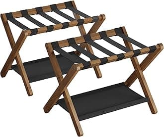 SONGMICS Bamboo Luggage Rack for Guest Room, Set of 2, Folding Suitcase Stand with Fabric Storage Shelf, for Hotel, Bedroom, Heavy-Duty, Holds up to 131 lb, Walnut Brown URLR007D02