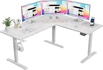 Furmax 63 x 55 Inch L Shaped Standing Desk with 2 Preset Heights, Electric Height Adjustable Computer Table, 2 Hooks & Feet Balance, Corner Sit Stand Desk for Home Office (White, 63 x 55 Inch)