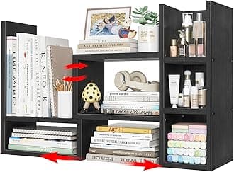 Desk Shelves Desktop Organizer Shlef - Black Office Organization for Top of Desk Organizers and Accessories Corner Bookshelf Table Top Shelving Small Hutch Decorations for Office