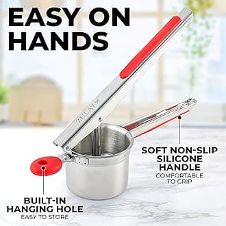 Zulay Kitchen Large 15oz Potato Ricer with 3 Interchangeable Discs - Heavy Duty Stainless Steel Potato Masher - Ricer Tool with Non-Slip Handle - Spaetzle Maker Press (Red)