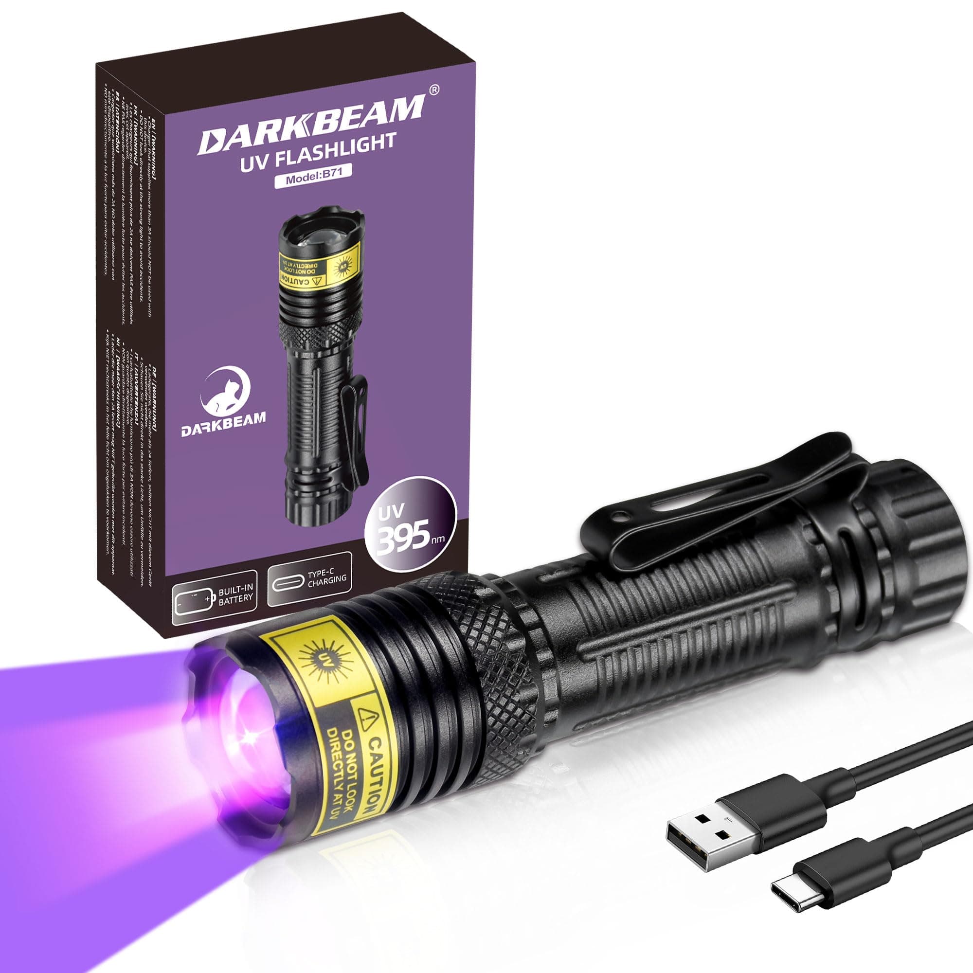 DARKBEAM UV Flashlight 395nm Black Light, Mini & Powerful USB-C LED Rechargeable, Focusable Woods Lamp, Water Resistant, Pet Urine & Uranium Glass Detector, Curing Resin