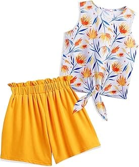 Arshiner Girl's 2 Piece Outfits Summer Tie Knot Tank Top and Paperbag Waist Pocketed Short Sets