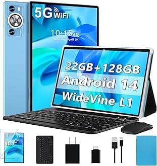 Android 14 Tablet 10.1 Inch 8000mAh Battery Tablets with 22GB RAM 128GB ROM 1TB Expand, Octa-Core HD Touchscreen Tablet with Keyboard, Mouse, Support Widevine L1, Split-Screen - Blue