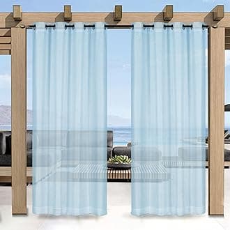 Outdoor Curtain for Patio, Blue Linen Look Semi-Sheer Curtains Waterproof Light Filtering Voile Outside Grommet Drapes for Pergola Balcony Pool Indoor 2 Panels, W100 x L96