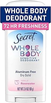 Secret Whole Body Deodorant Stick for Women, Rosewater Scent, Aluminum Free Deodorant Stick, 72 HR Odor Protection, 2.4 oz