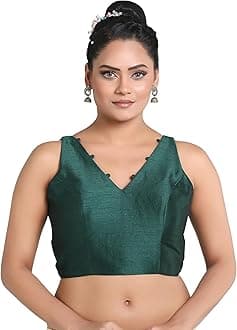 Madhu Fashion Women's Sleeveless Solid Pattern V Neck Readymade Saree Blouse