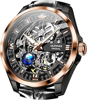OUPINKE Skeleton Mens Automatic Watches Mechanical Luxury Dress Leather Self Winding Waterproof 50M/5ATM Luminous Watches for Men